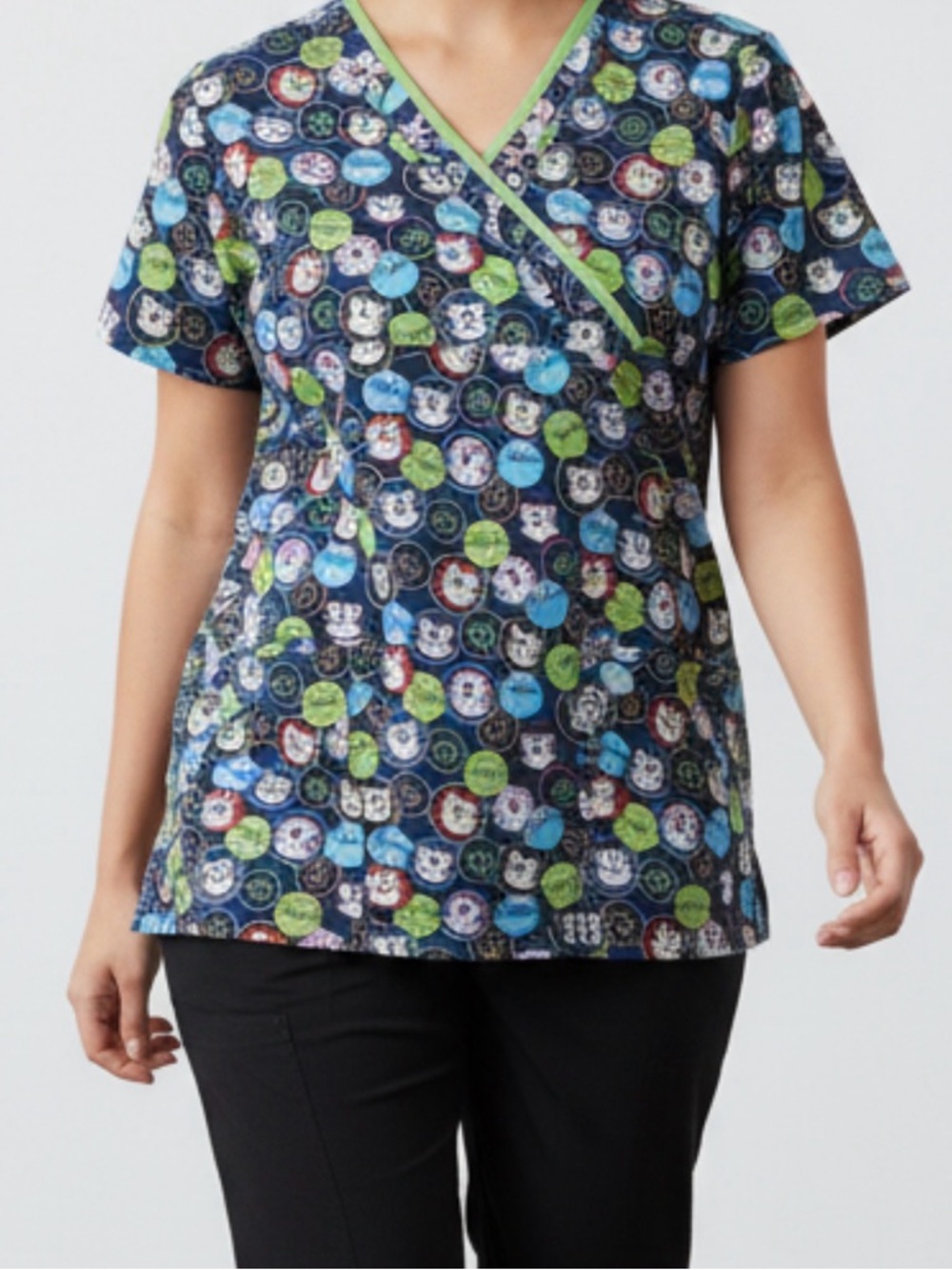 Cat Print Scrub Top Women Medium Novelty Vet Healthcare Medical Patchwork Aop